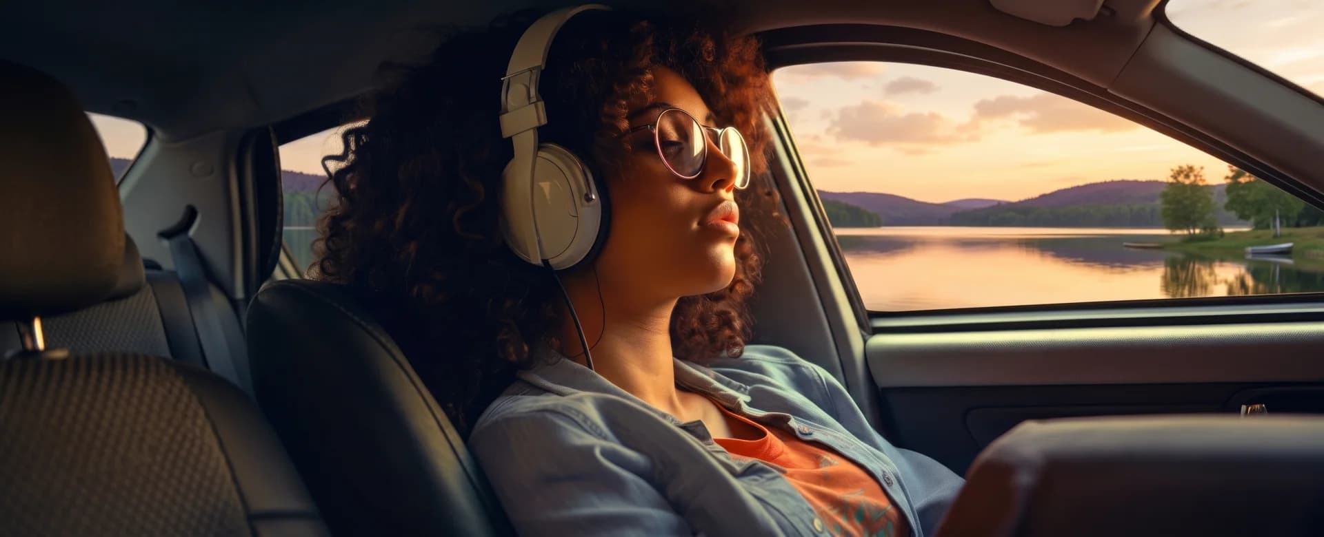 A passenger listening to audio in a car beside a lake at sunset