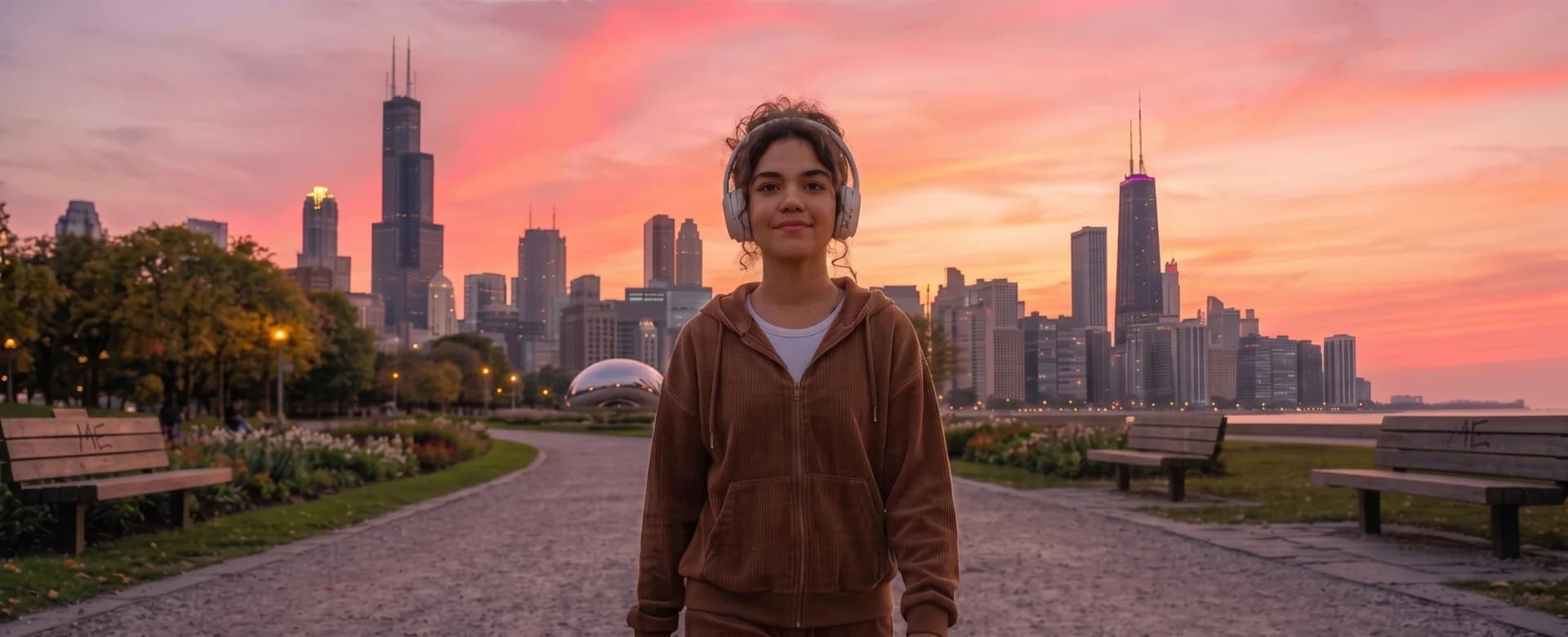 A listener wearing headphones in a city park at sunset