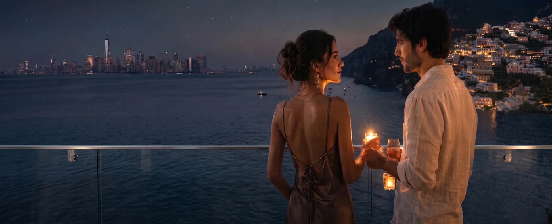 A couple sharing a quiet moment above the coast at night