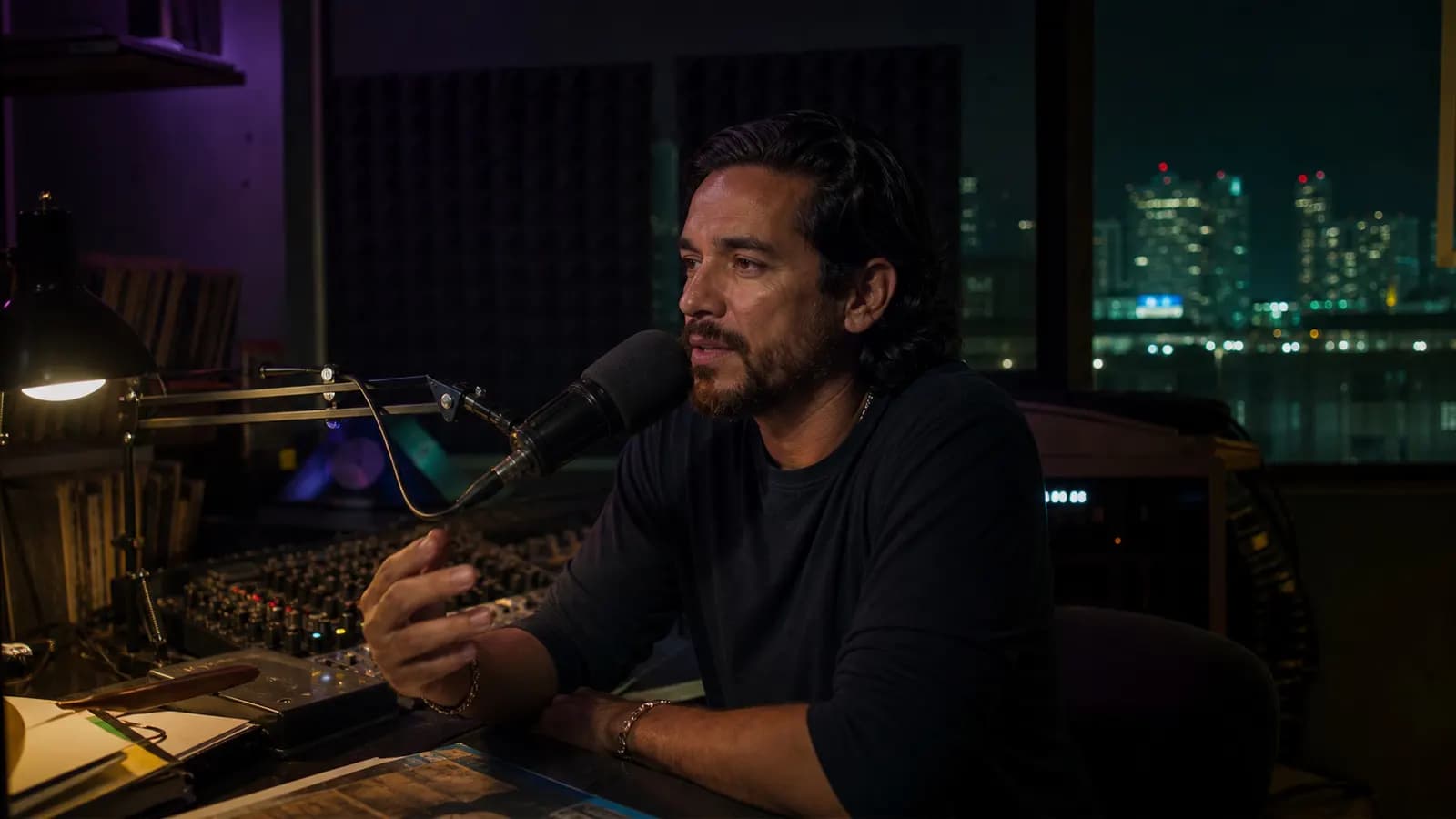 A radio studio broadcasting late at night
